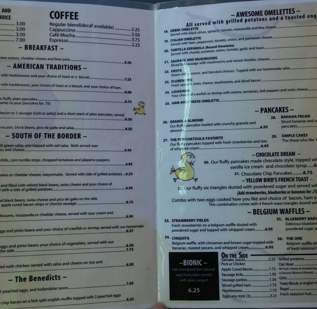Yellow Bird Cafe menu 2